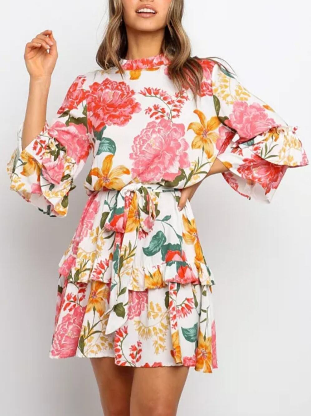 Petal and Pup pink floral belted ruffled dress Size Sm Romantic Feminine Boho